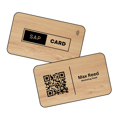 Elegant NFC business card with engraved logo, showcasing natural grain texture